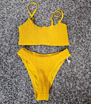 Mosmann Womens Sz M Bikini Swimsuit Set Bright Yellow Smocked High Cut